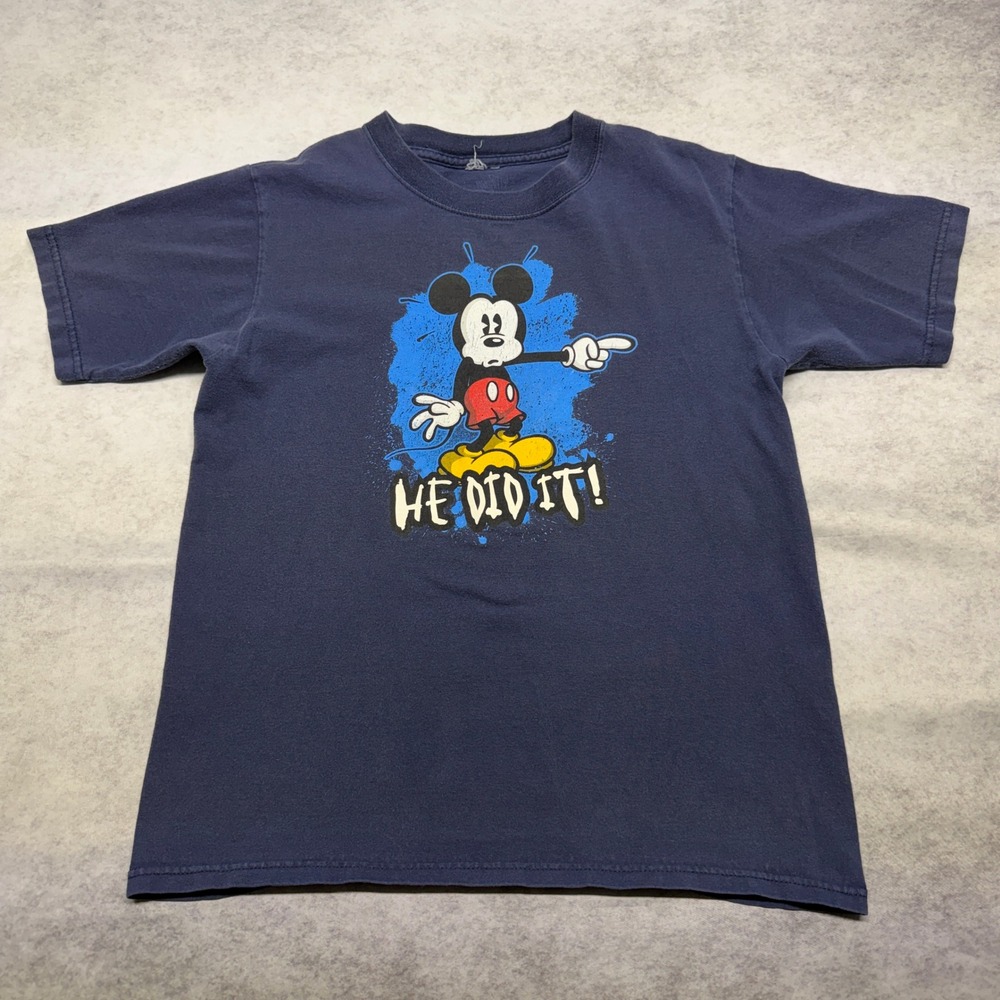 Vintage Disney Mickey Mouse He Did It Graphic T-Shirt Navy Blue Boys Large Y2K